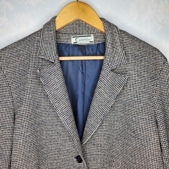 VINTAGE Catalina Tweed Navy Academia Checked Two Button Blazer Size 18 - Picture 9 of 11